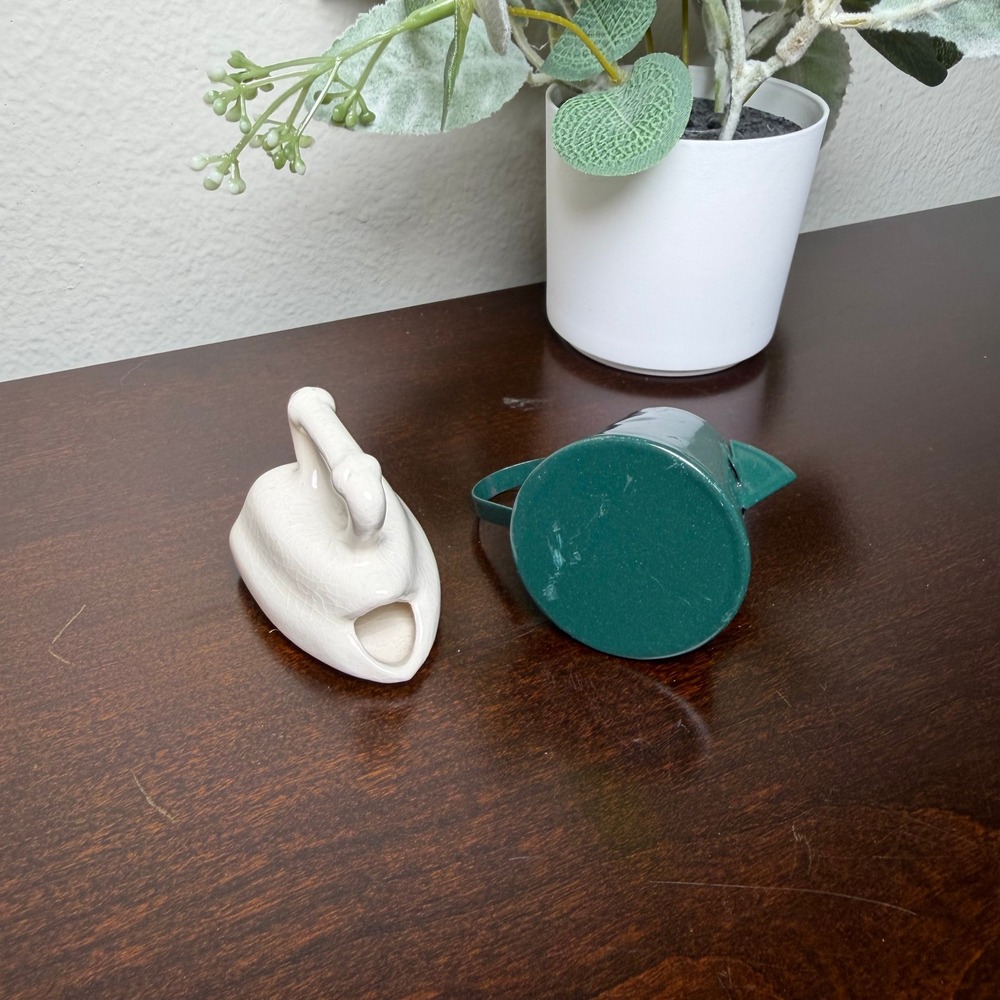 Miniature Ceramic Iron and Green Metal Watering Can Figurine Set Farmhouse Decor - Picture 4 of 5